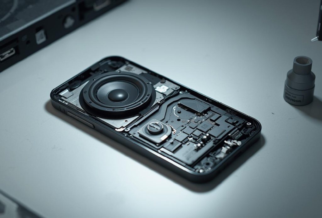 Phone opened on a clean workbench, speaker module clearly visible